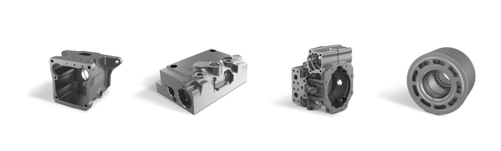 Bild 3: En motor med axiella kolvar består i huvudsak av följande komponenter (från vänster): Pumphus, anslutningslock, anslutningshus och cylinderblock. ©MAPAL
